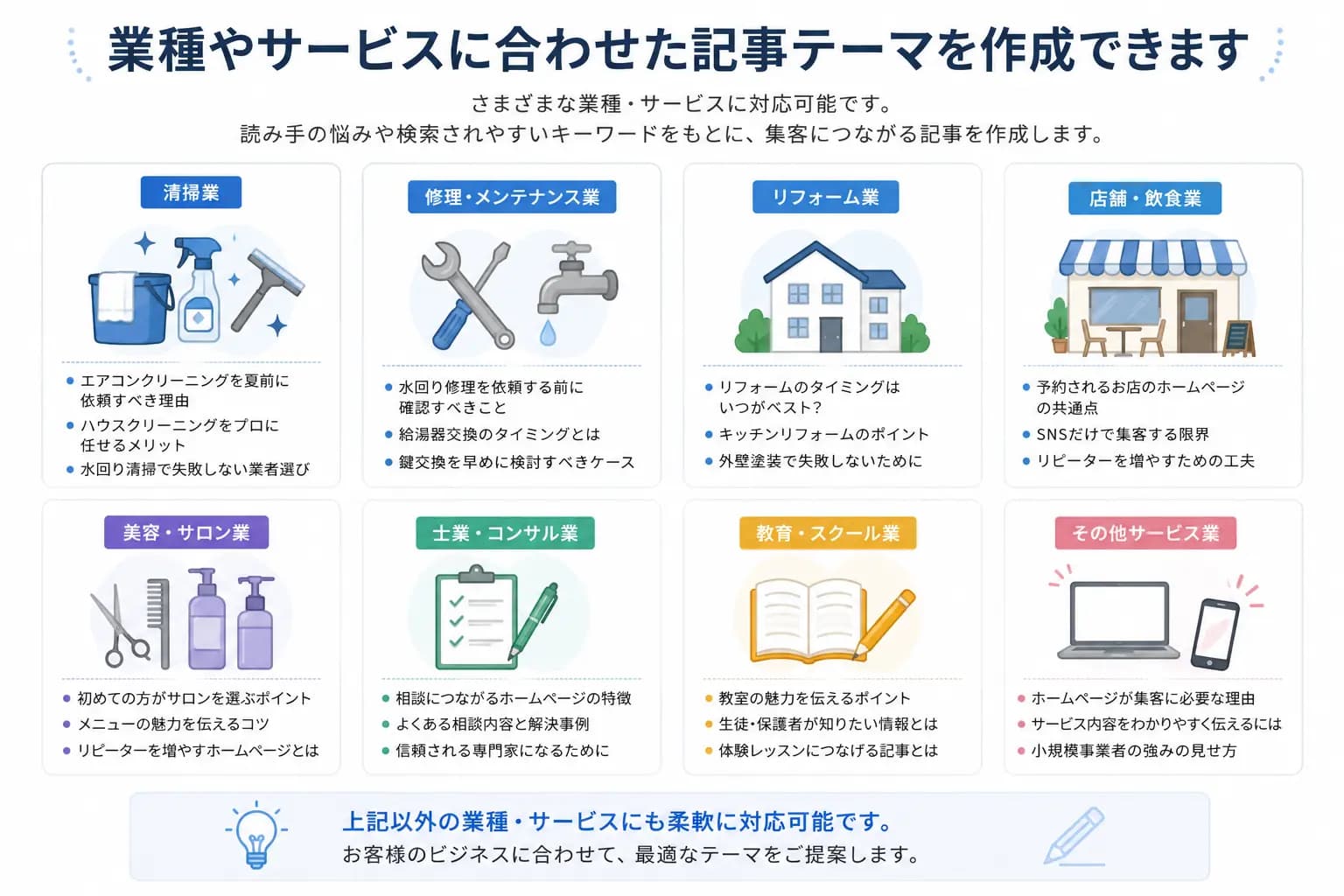 ブログ記事作成に対応できる業種やサービス例